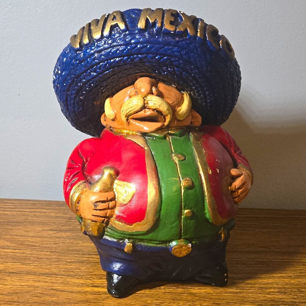 Vintage Mexican Mariachi Figurine Coin Bank Hand Painted Pottery Sombrero 8”